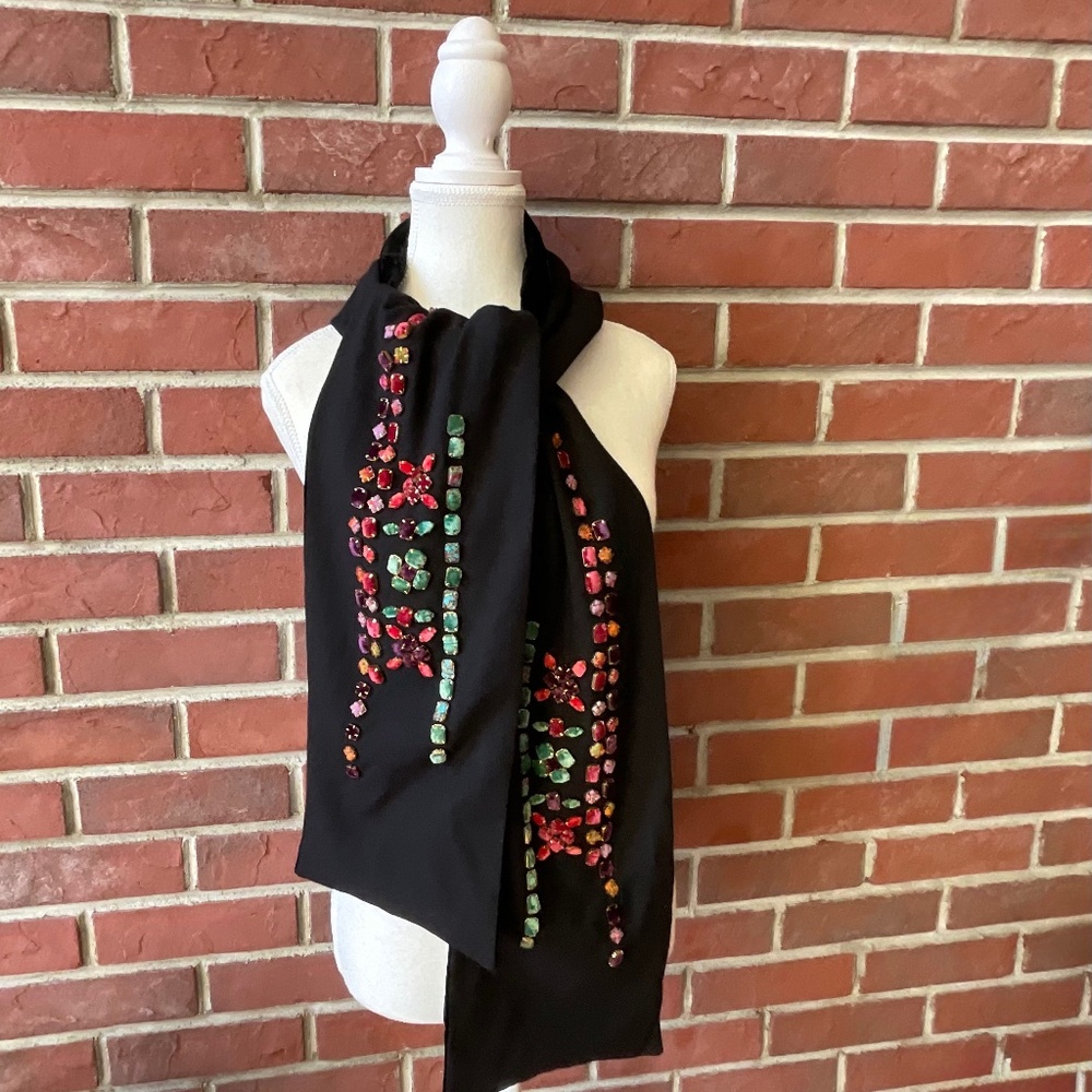 Etro Black Wool Velvet Scarf Embellished Multi Color Velvet Metal Bezels RARE